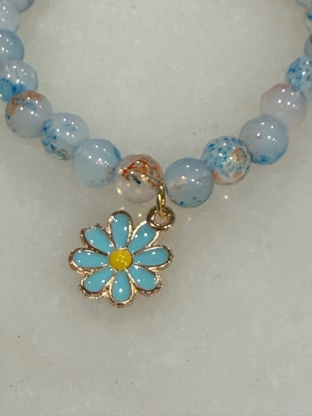 Blue Daisy Charm Beaded Stretch Bracelet